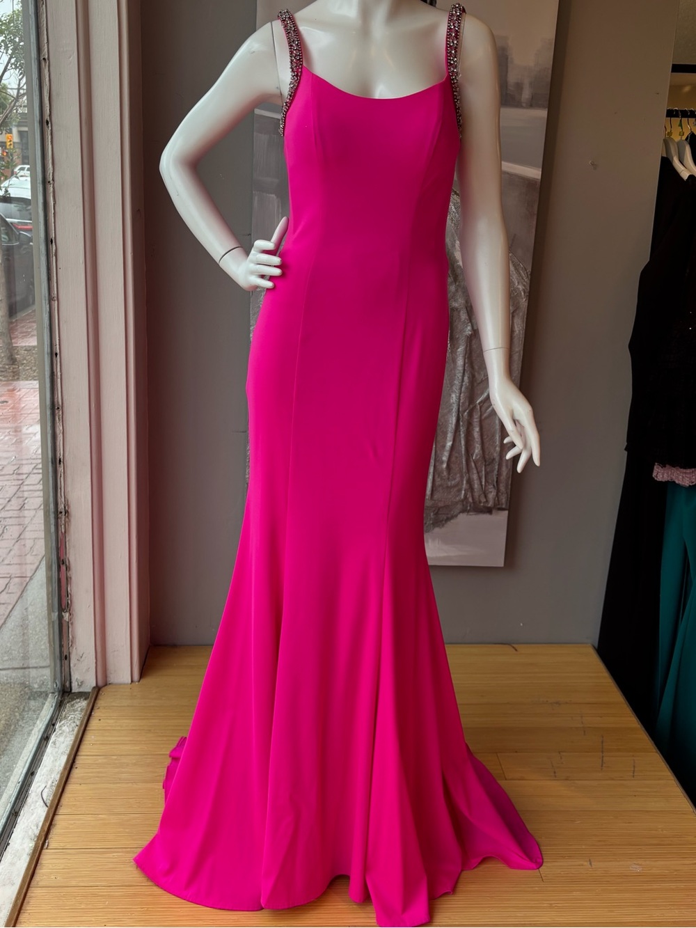 Fuchsia Beaded-Strap Prom Dress